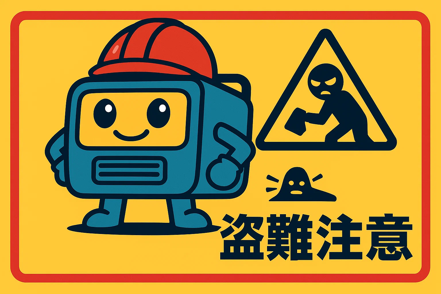 発電くんが盗難防止チェーンを指差して注意を促すイラスト