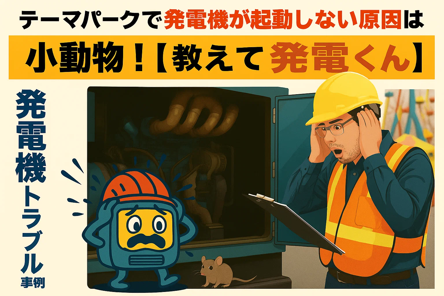 発電機トラブル事例|テーマパークで発電機が起動しない原因は小動物!【教えて発電くん】