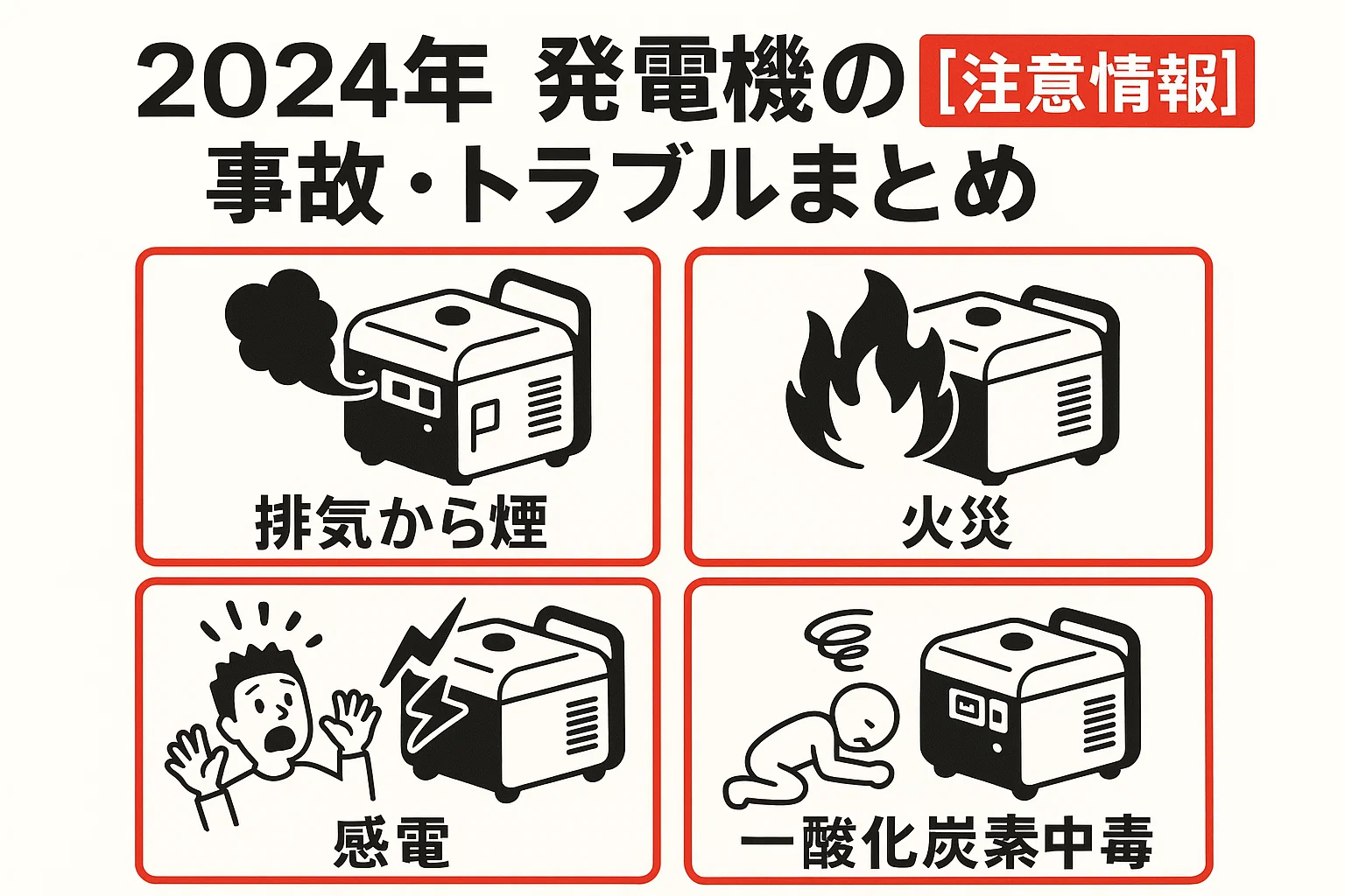 2024年 発電機の事故・トラブルまとめ【注意情報】 発電くんと学ぶ!