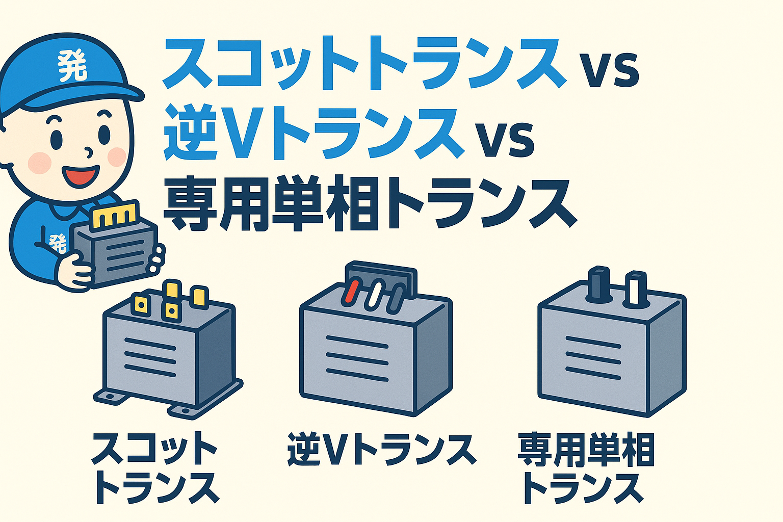 スコットトランス・逆Vトランス・専用単相トランスの違い&つなぎ方 【教えて発電くん!】