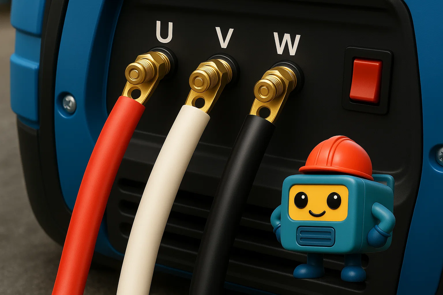 発電機につなぐケーブルの色「赤・白・黒」と端子「U・V・W」の見方を解説！【教えて発電くん！】