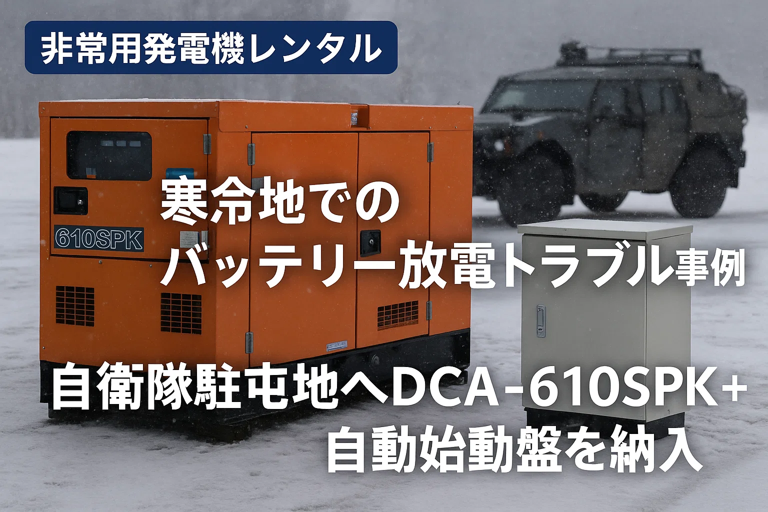 【非常用発電機レンタル】寒冷地でのバッテリー放電トラブル事例｜自衛隊駐屯地へDCA-610SPK＋自動始動盤を納入【発電くん現場レポート】