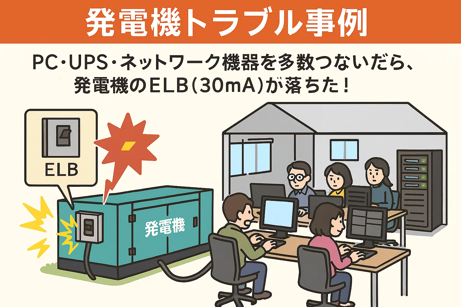 【教えて発電くん！｜発電機トラブル事例】PC・UPS・ネットワーク機器を多数つないだら、発電機の漏電ブレーカ（30mA）が落ちた！