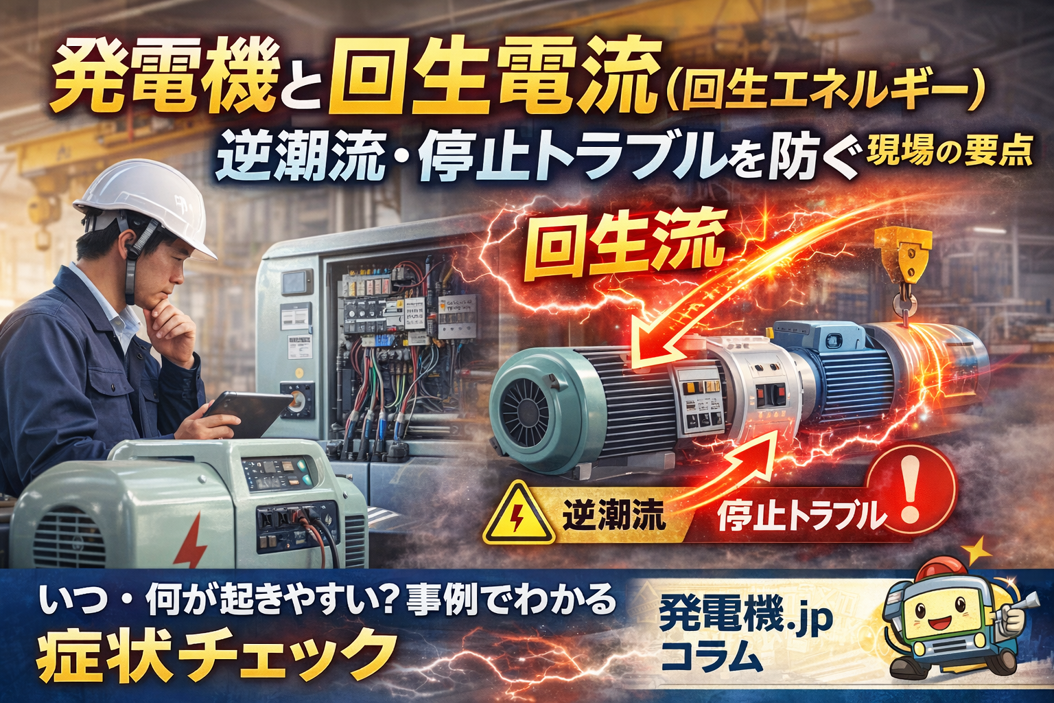 教えて発電くん！発電機の回生電力とは？逆電力・電圧上昇・停止トラブルの対策