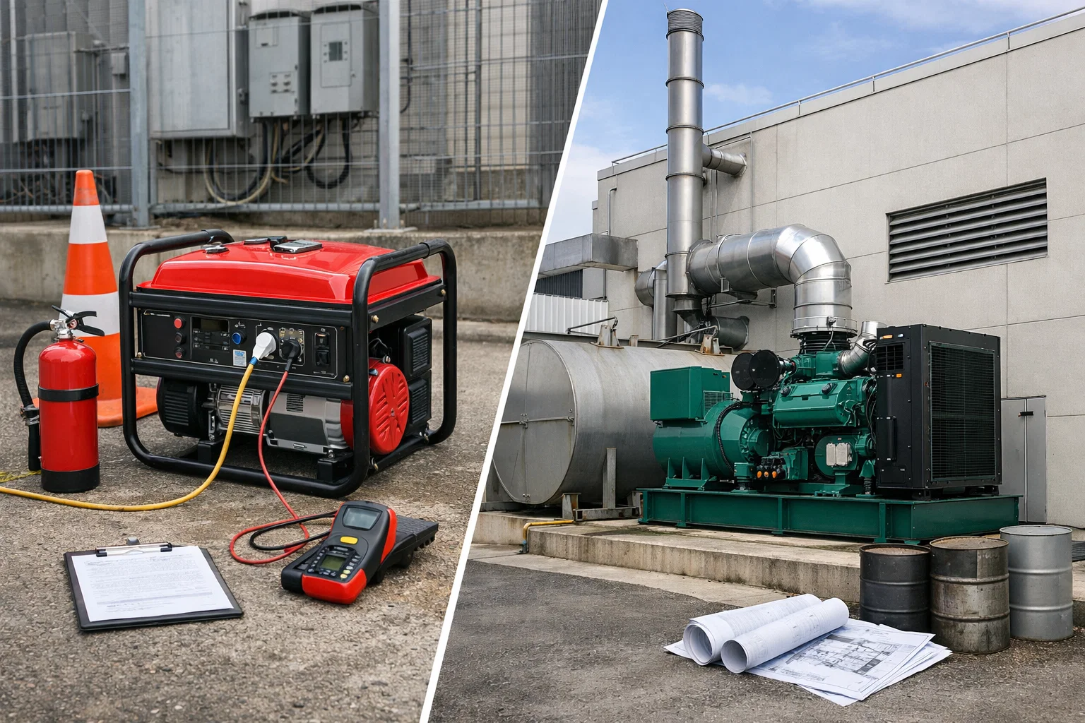 可搬型発電機 vs 非常用発電機｜届け出・法令を比較（消防／電気／燃料／建築／大気）｜教えて発電くん！