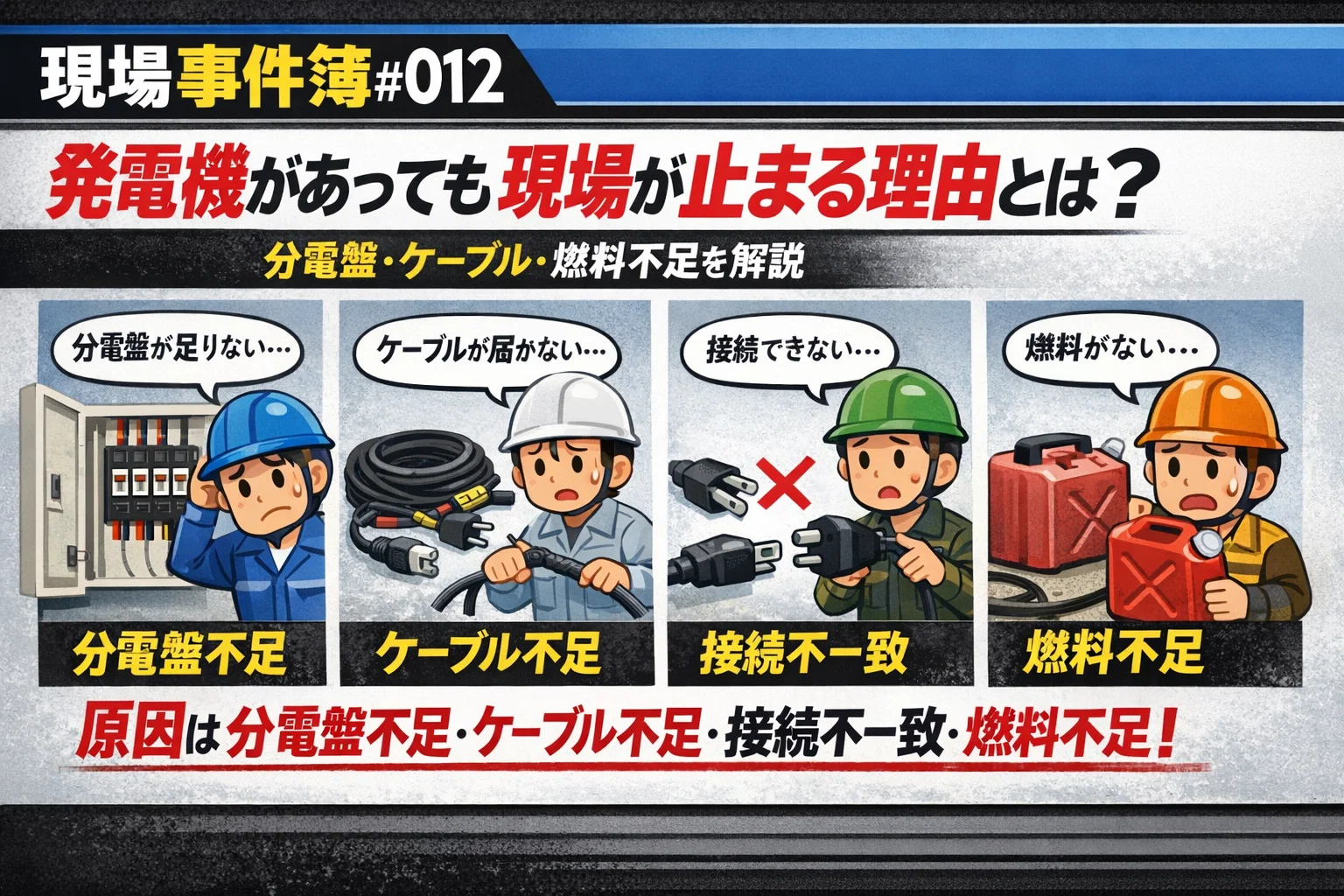教えて発電くん！発電機現場事件簿#012 発電機があっても現場が止まる理由とは？分電盤・ケーブル・燃料不足を解説｜