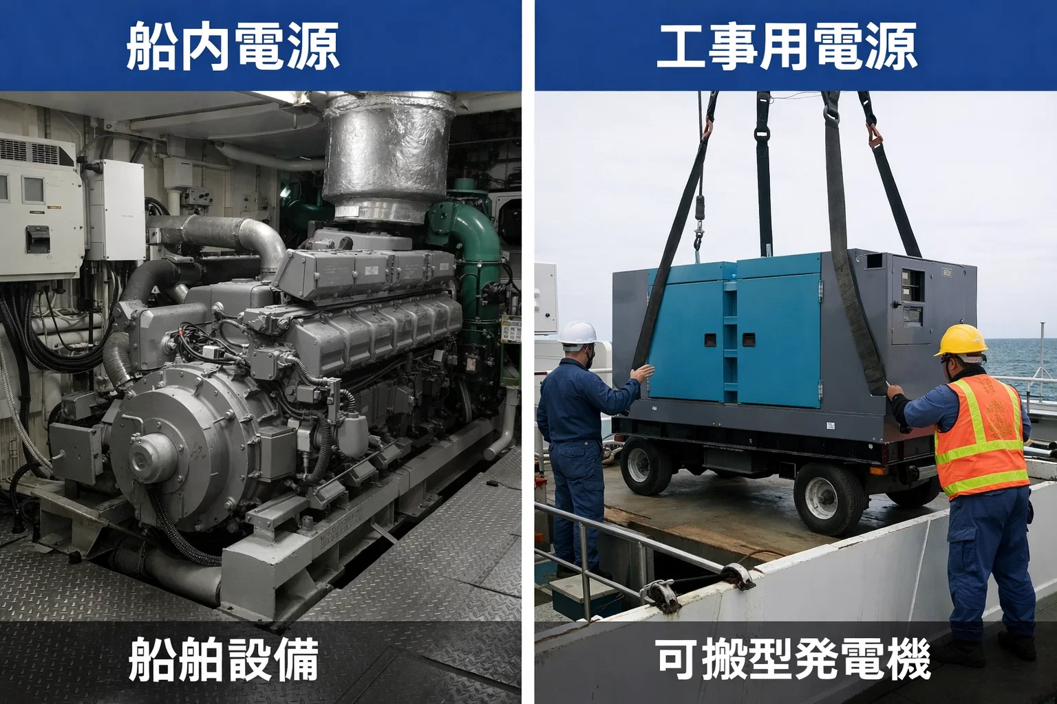移動式発電機・可搬型発電機を船舶に載せるときの法令確認｜船内電源と工事用電源の違い｜教えて発電くん！